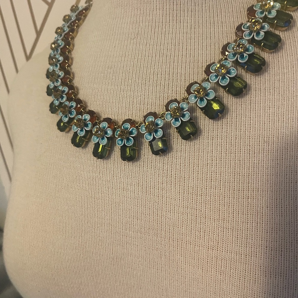 J. Crew Floral Necklace with Blue and Green Gems